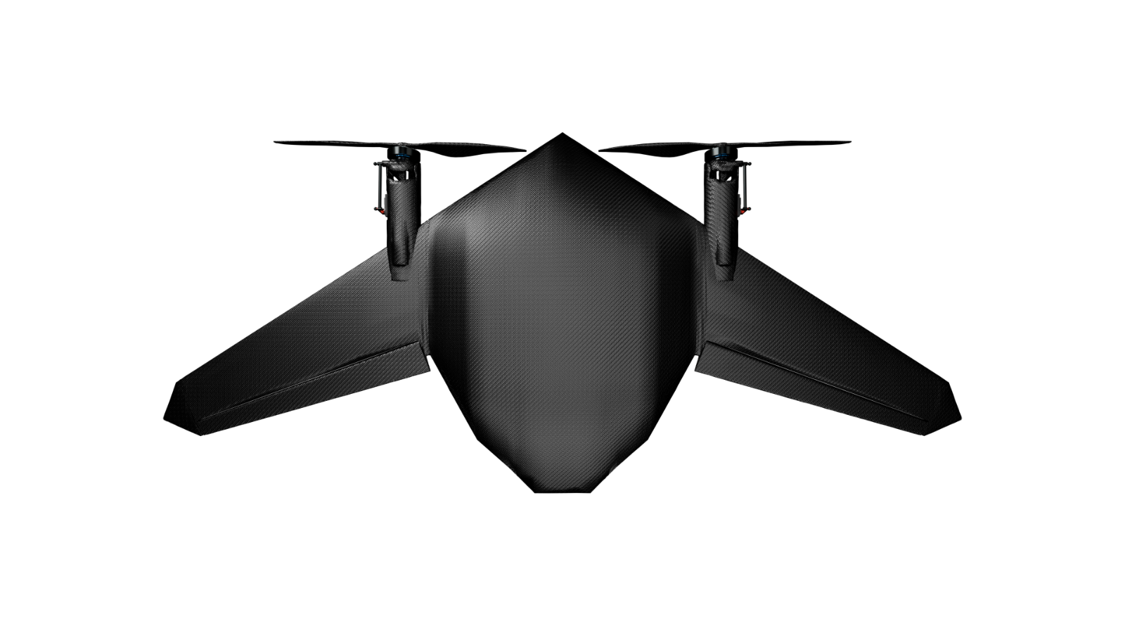 The Aerzoom aircraft seen head on: a blended carbon-fibre wing body with two tilting rotors above the wing.